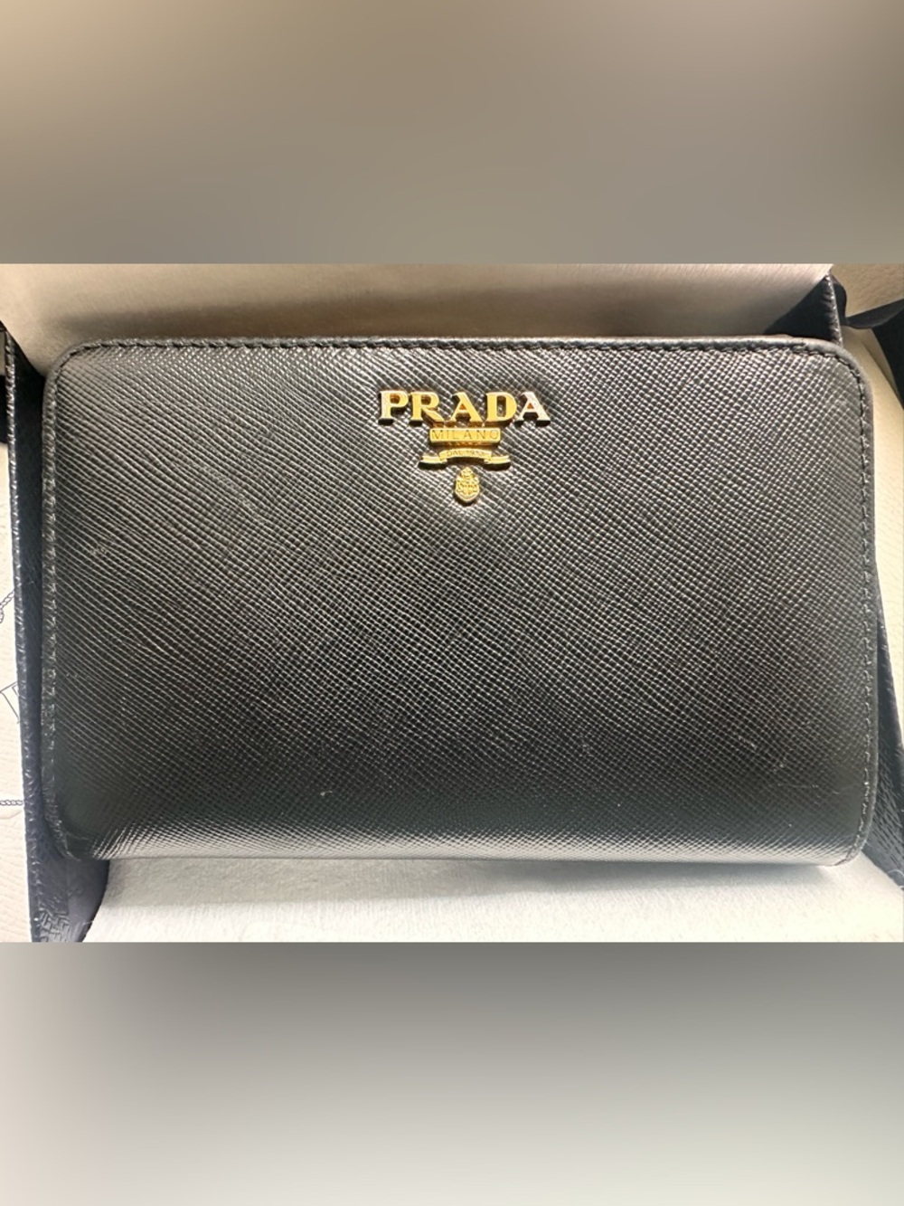 Prada Black Saffiano Leather Wallet with Gold Logo